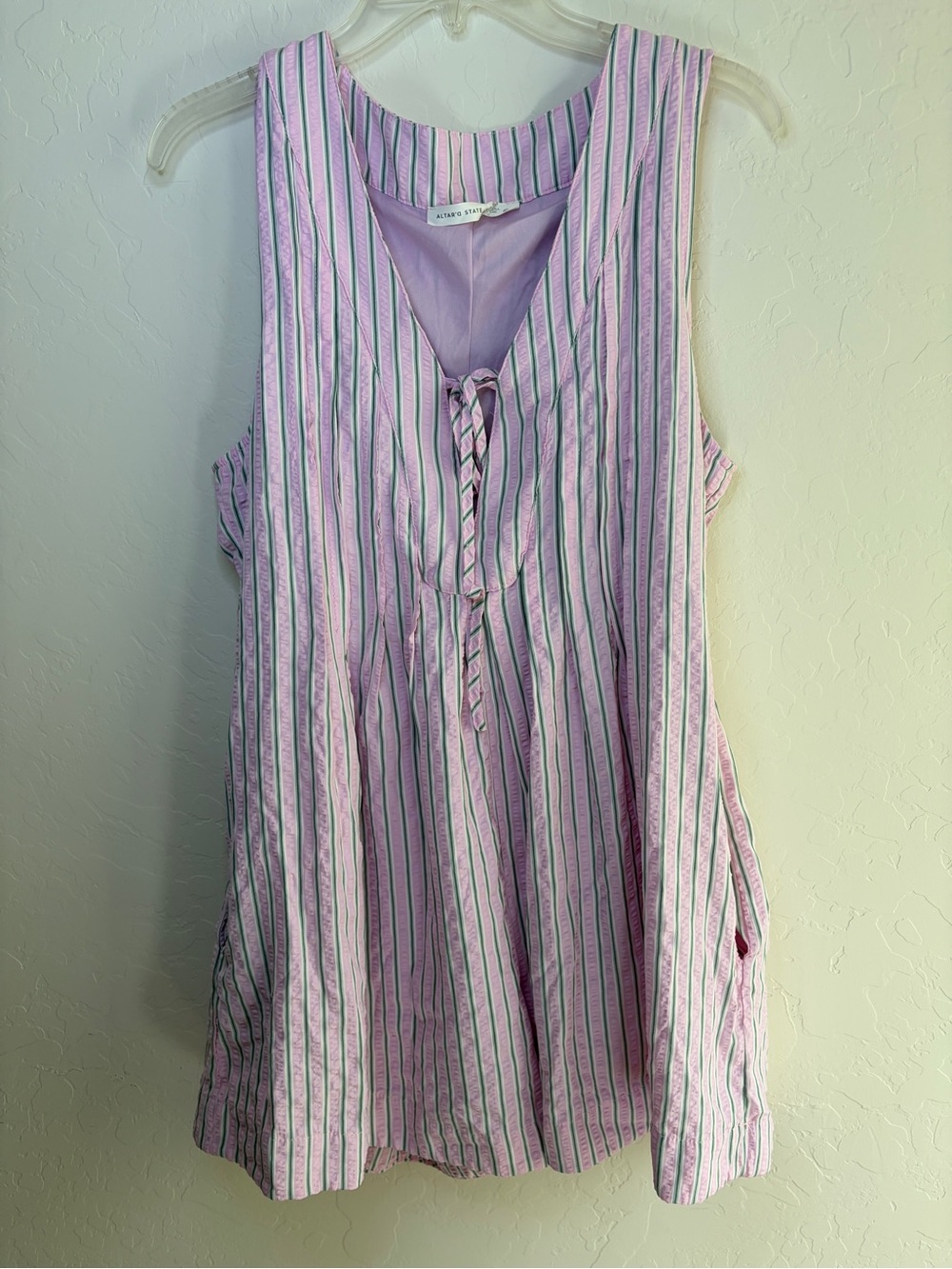 Altar'd State Lavender and White Striped Sleeveless Tie-Front Romper with Pocket